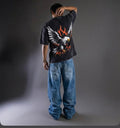 LOSCALI Vintage Washed Oversized Eagle Graphic T-Shirt