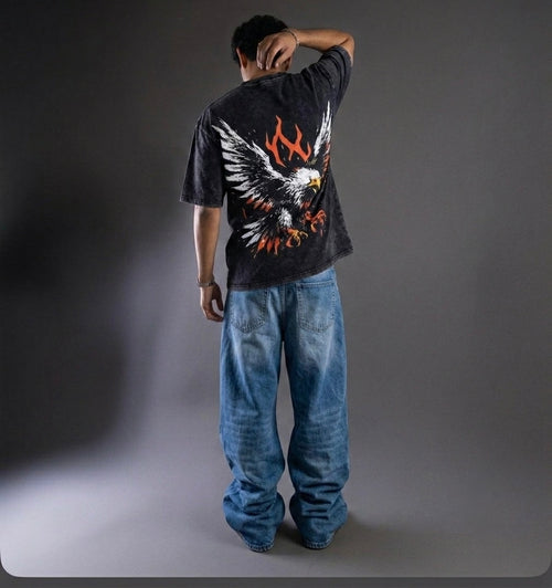 LOSCALI Vintage Washed Oversized Eagle Graphic T-Shirt
