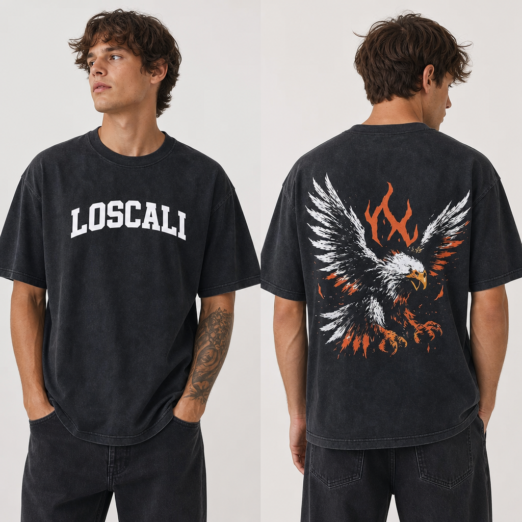 LOSCALI Vintage Washed Oversized Eagle Graphic T-Shirt