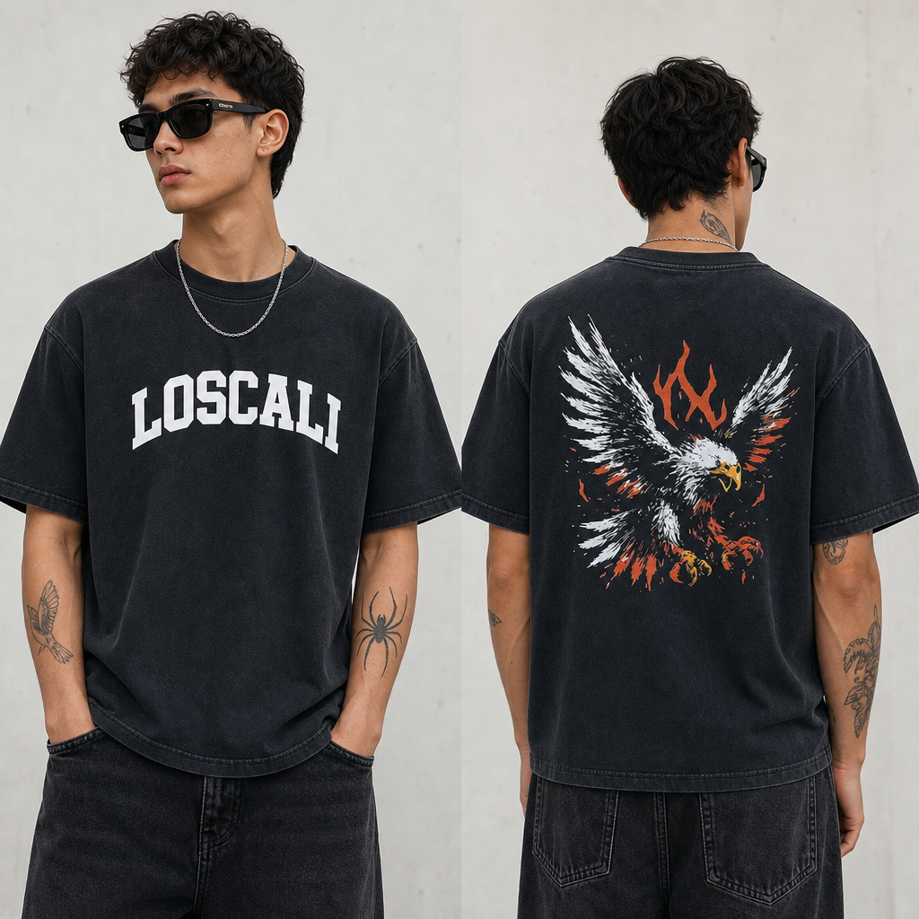 LOSCALI Vintage Washed Oversized Eagle Graphic T-Shirt