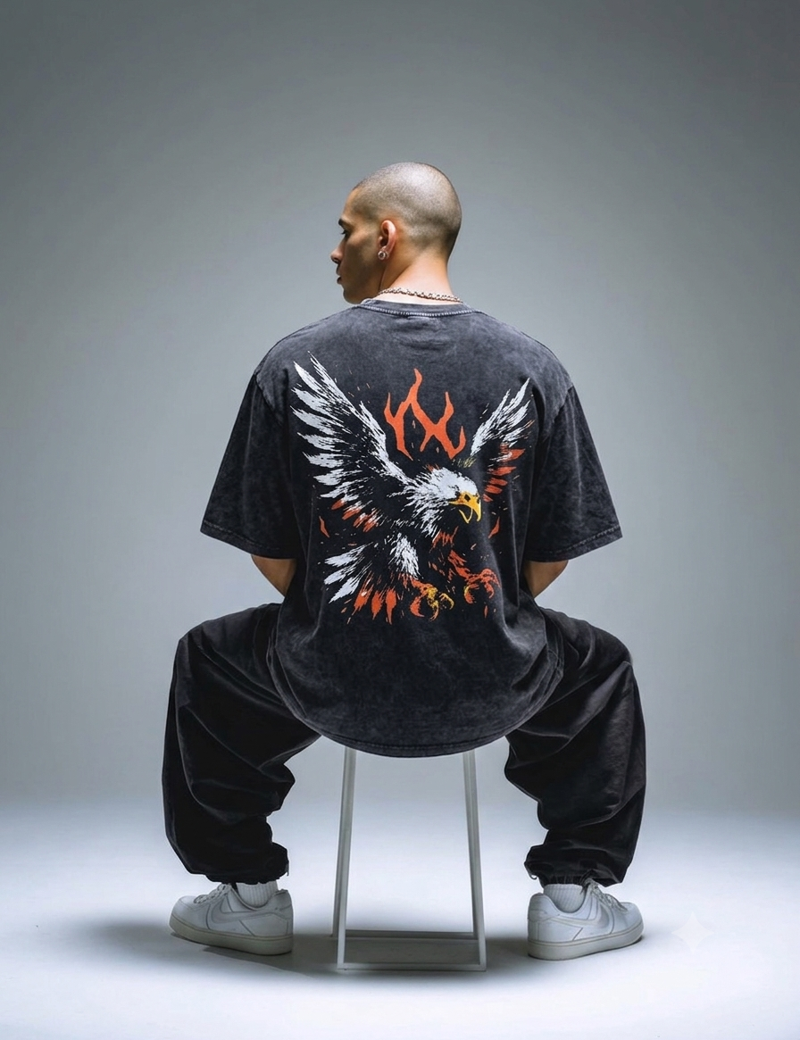 LOSCALI Vintage Washed Oversized Eagle Graphic T-Shirt